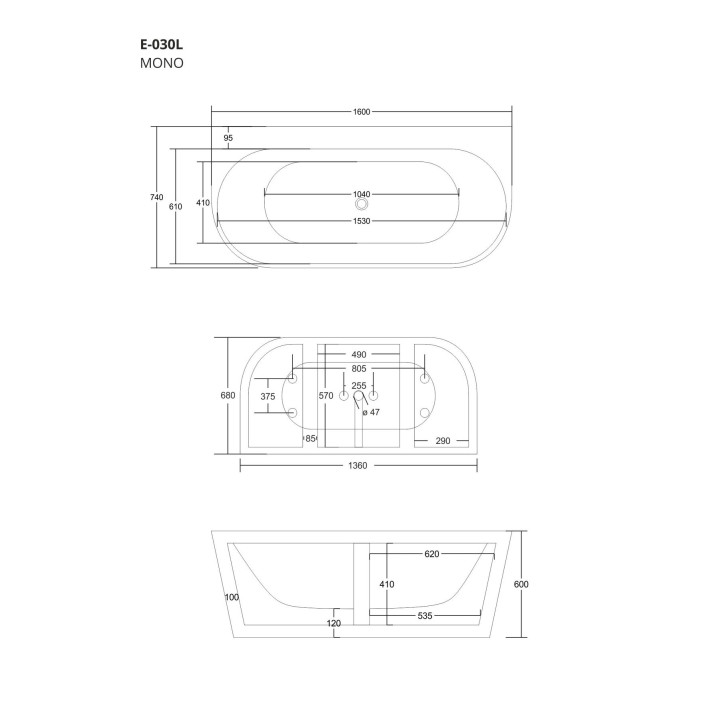 Wanna przyścienna wolnostojąca Corsan Mono 160cm z szeroką krawędzią i wykończeniem złotym - biała