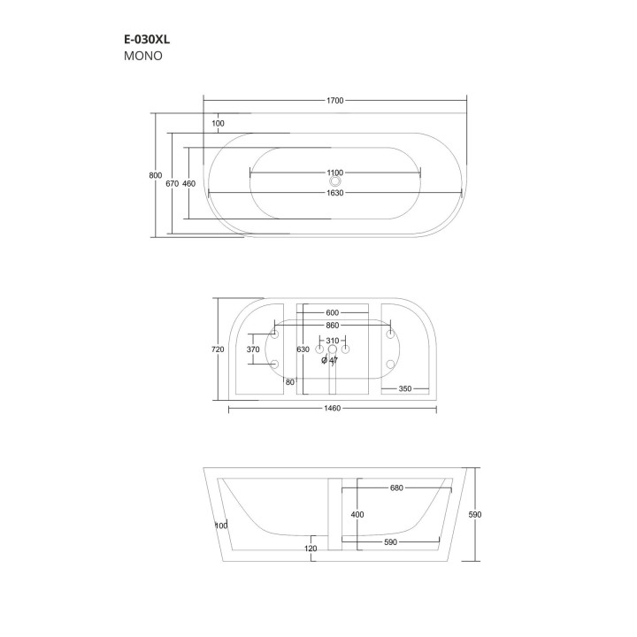 Wanna przyścienna wolnostojąca Corsan Mono 170cm z szeroką krawędzią i wykończeniem chrom - biała