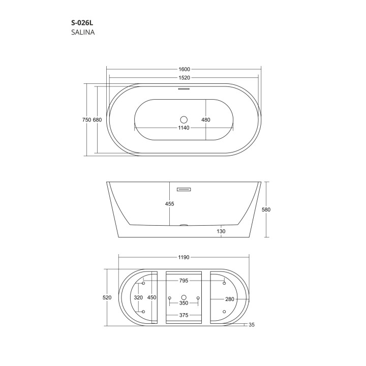 Wanna wolnostojąca Corsan Salina 160 cm z wykończeniem różowe złoto - biała