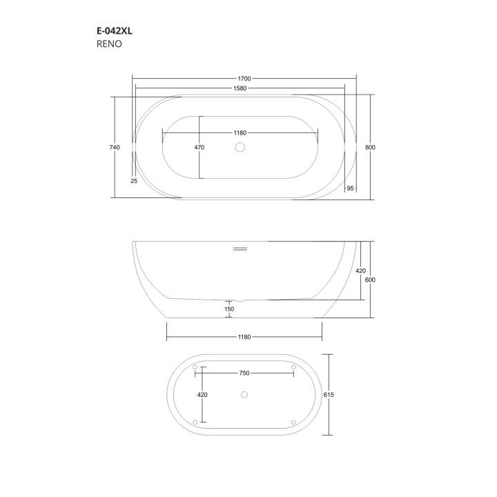 Wanna wolnostojąca Corsan Reno 170 cm z wykończeniem czarnym - biała