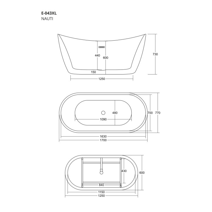 Wanna wolnostojąca Corsan Nauti 170 cm z wykończeniem chrom - biała