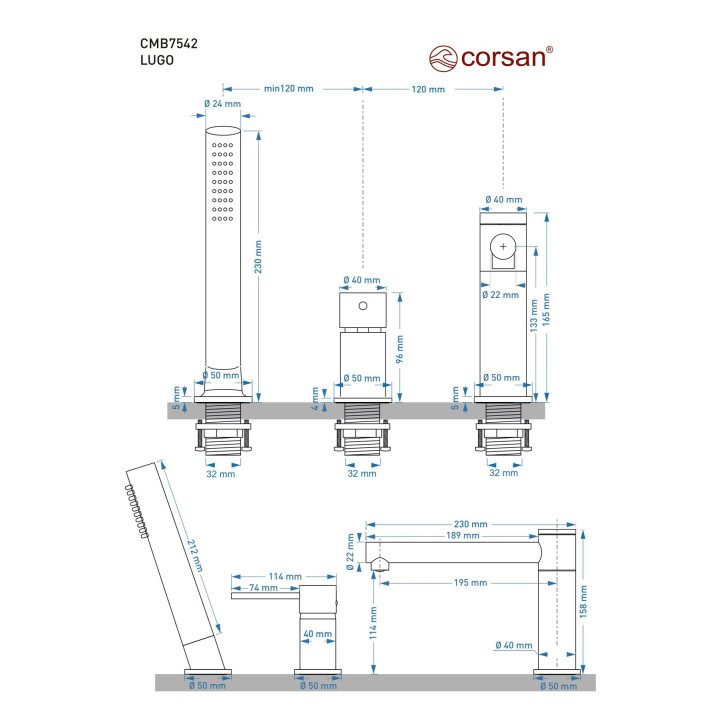 Bateria wannowa 3 otworowa Corsan Lugo złota z wylewką i słuchawką prysznicową