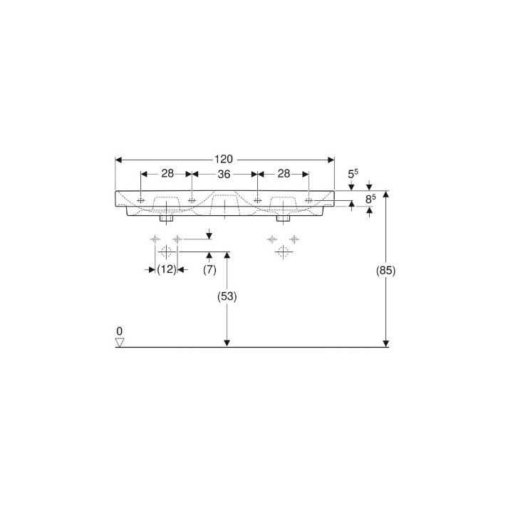 Geberit Smyle Square Umywalka podwójna, B120cm, H16.5cm, T48cm, z dwoma przelewami, z dwoma otworami na baterie