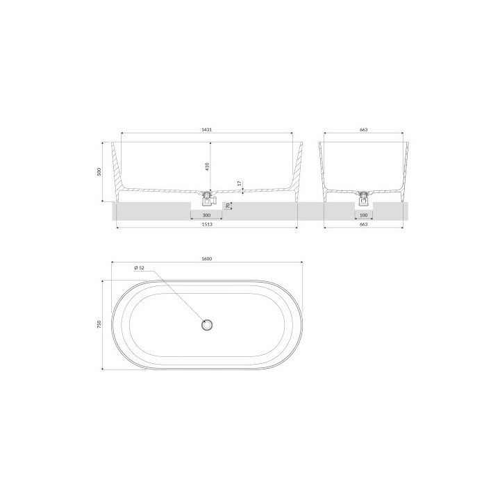 Wanna wolnostojąca OMNIRES OVO M+, 160x75 cm, z syfonem - ash grey