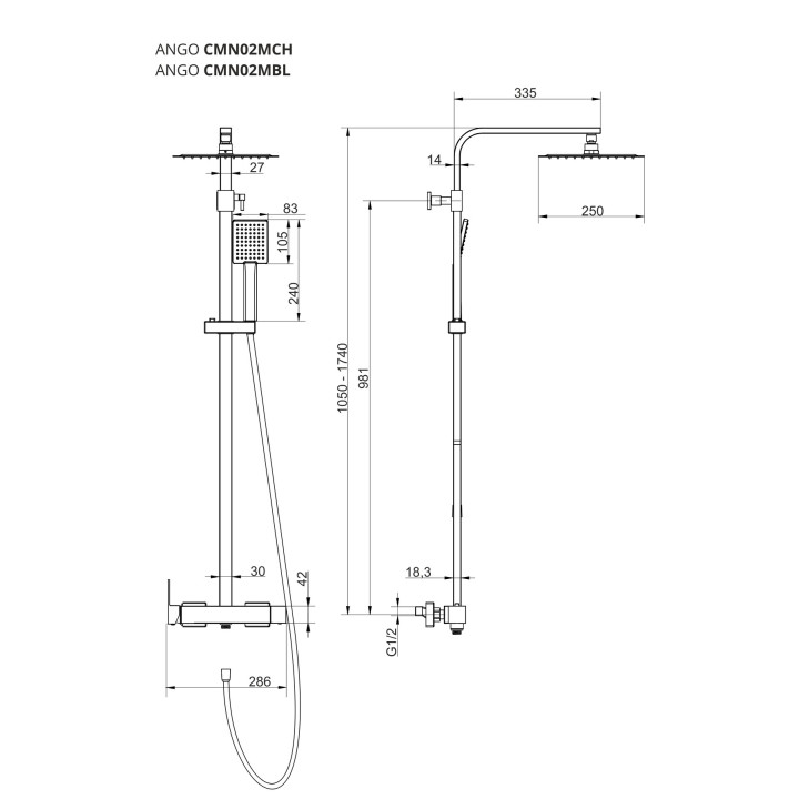 Natryskowa czarna kolumna prysznicowa Corsan Ango kwadratowa deszczownica z baterią mieszaczową