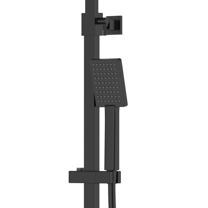 Natryskowa czarna kolumna prysznicowa Corsan Ango kwadratowa deszczownica z baterią mieszaczową i obrotową wylewką wannową