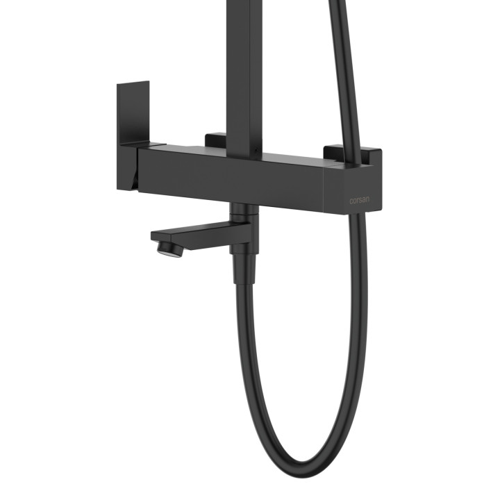 Natryskowa czarna kolumna prysznicowa Corsan Ango kwadratowa deszczownica z baterią mieszaczową i obrotową wylewką wannową