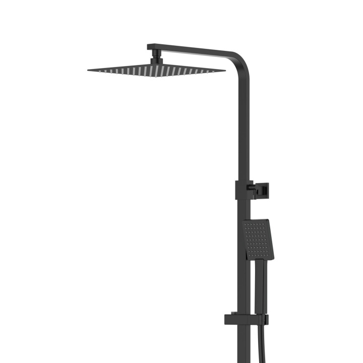 Natryskowa czarna kolumna prysznicowa Corsan Ango kwadratowa deszczownica z baterią termostatyczną i obrotową wylewką wannową