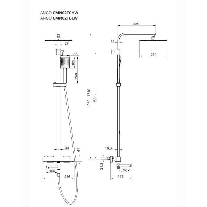 Natryskowa kolumna prysznicowa Corsan Ango chrom kwadratowa deszczownica z baterią termostatyczną i obrotową wylewką wannową