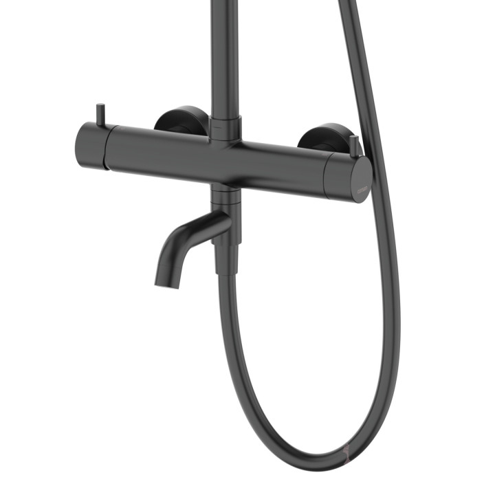 Natryskowa czarna kolumna prysznicowa Corsan Lugo okrągła deszczownica z baterią mieszaczową i obrotową wylewką wannową