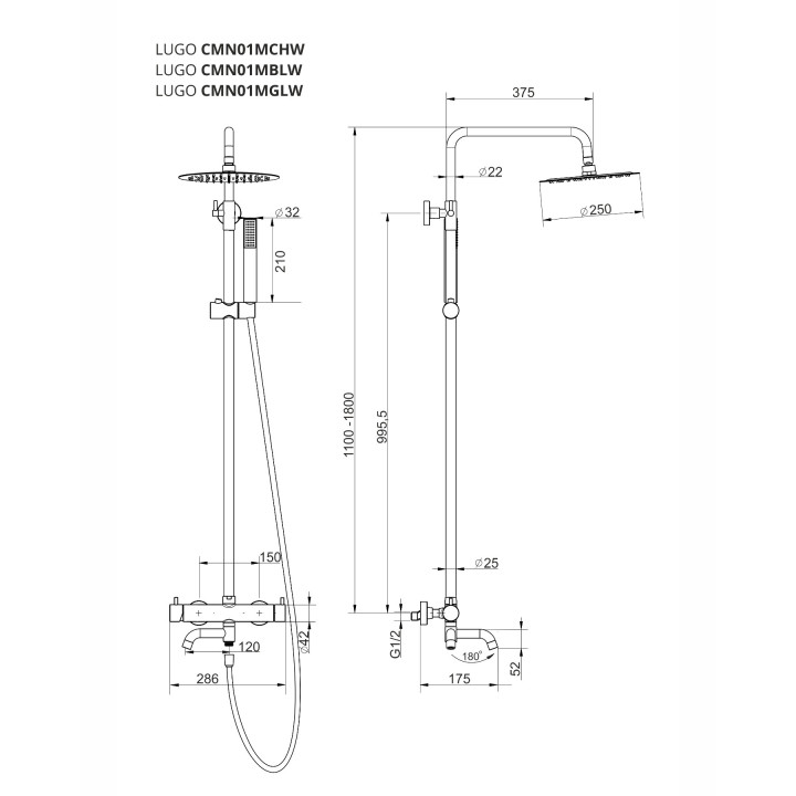 Natryskowa czarna kolumna prysznicowa Corsan Lugo okrągła deszczownica z baterią mieszaczową i obrotową wylewką wannową