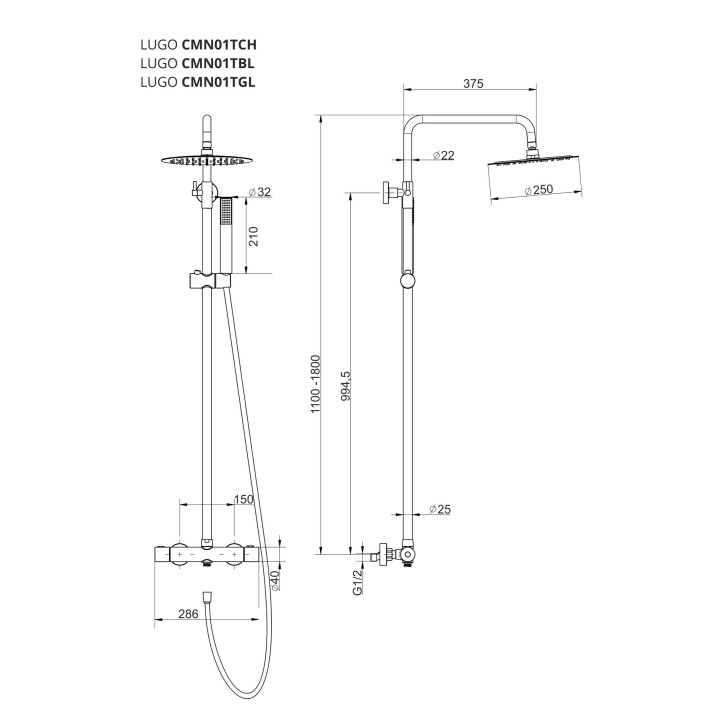 Natryskowa czarna kolumna prysznicowa Corsan Lugo okrągła deszczownica z baterią termostatyczną