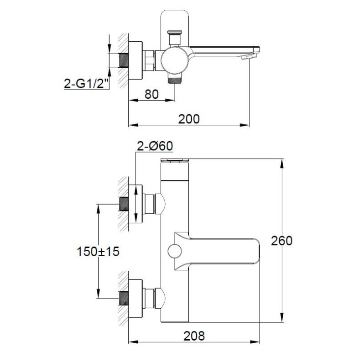 Bateria wannowa Kohlman Axel, natynkowa, wylewka 205mm, 2 wyjścia wody, czarny mat