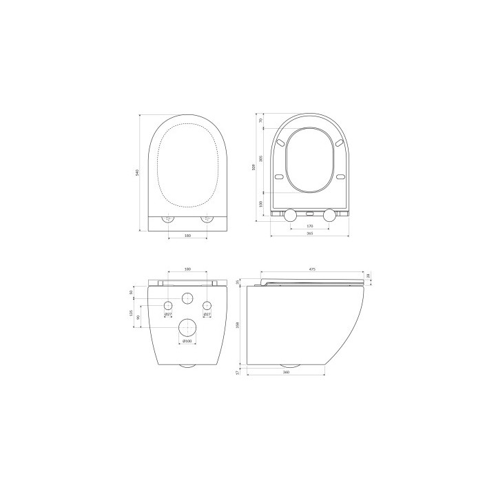 bezkołnierzowa miska toaletowa wisząca OMNIRES OTTAWA COMFORT z deską wolnoopadającą, 54 x 37 cm - biały mat