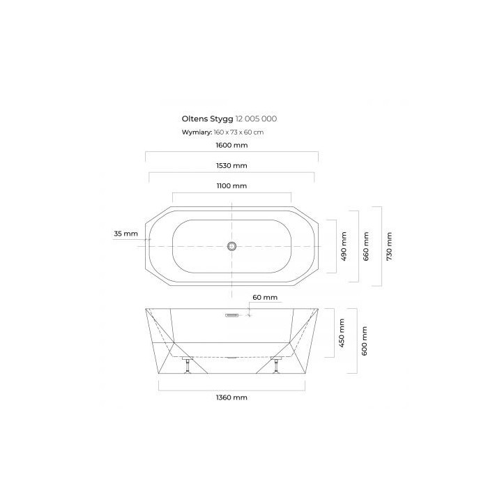 Oltens Stygg wanna wolnostojąca 160x73 cm owalna akrylowa - biała