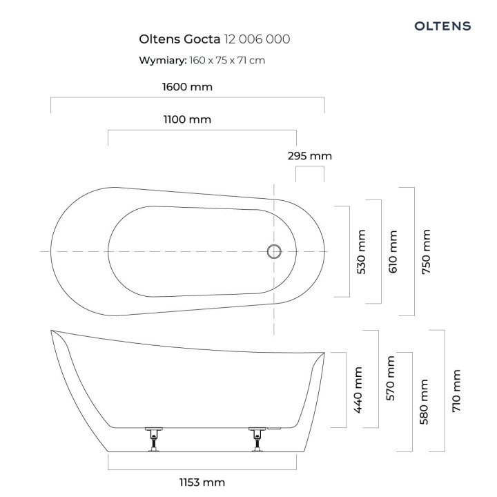 Oltens Gocta wanna wolnostojąca 160x75 cm owalna akrylowa - biała