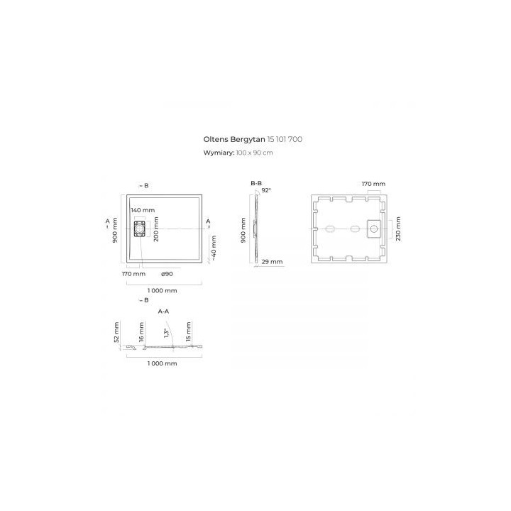 Oltens Bergytan brodzik prostokątny 100x90 cm RockSurface - szary beton