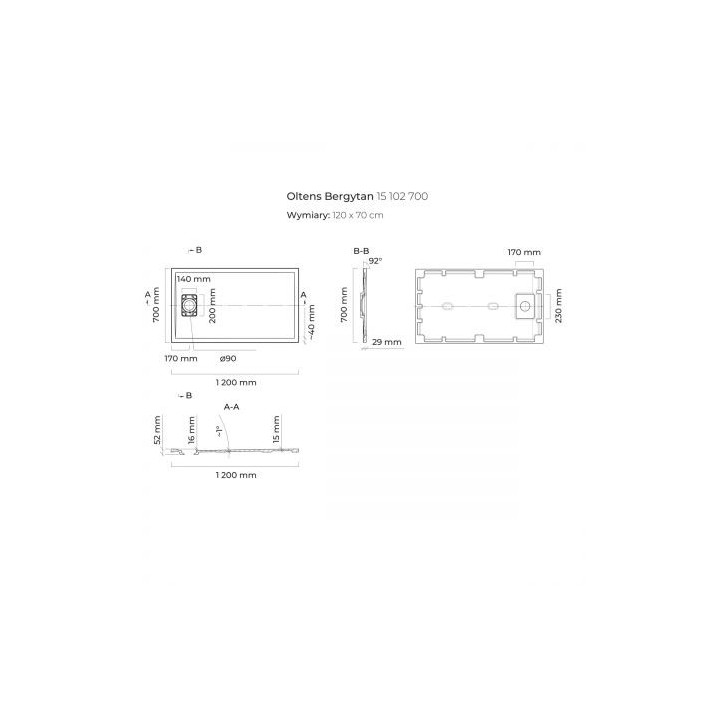 Oltens Bergytan brodzik prostokątny 120x70 cm RockSurface - szary beton 