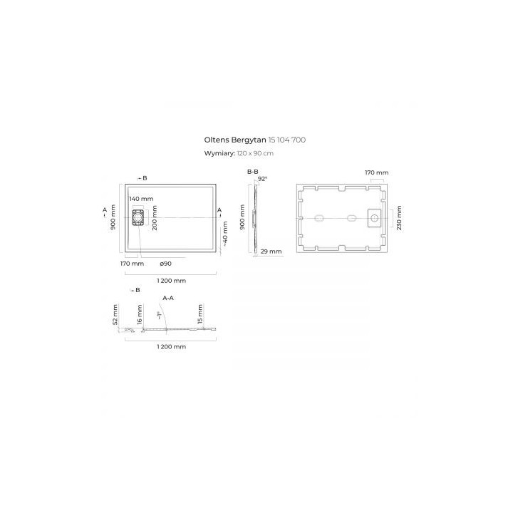 Oltens Bergytan brodzik prostokątny 120x90 cm RockSurface - szary beton 