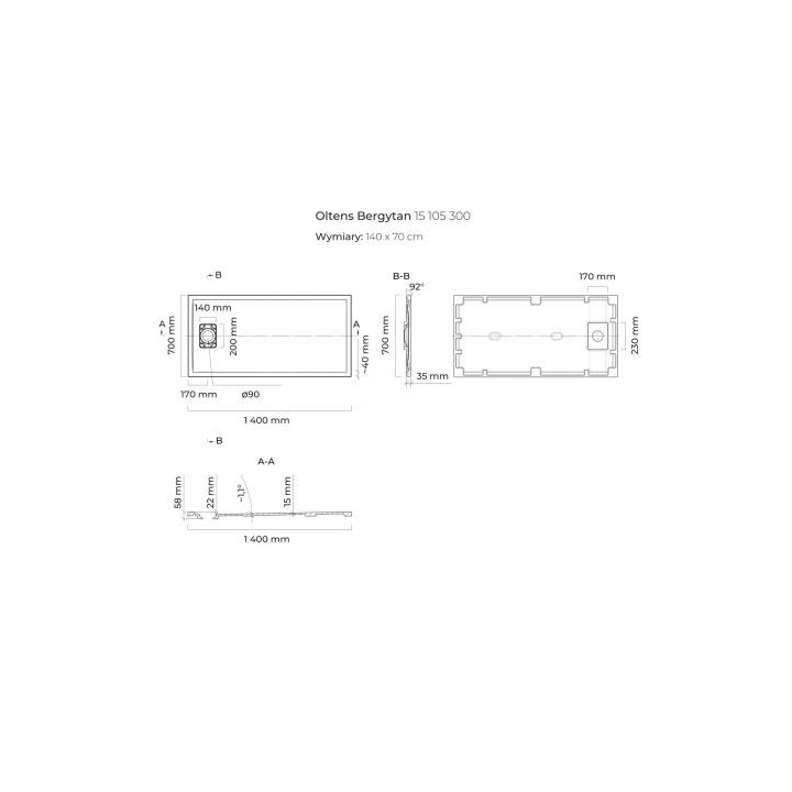 Oltens Bergytan brodzik prostokątny 140x70 cm RockSurface - czarny