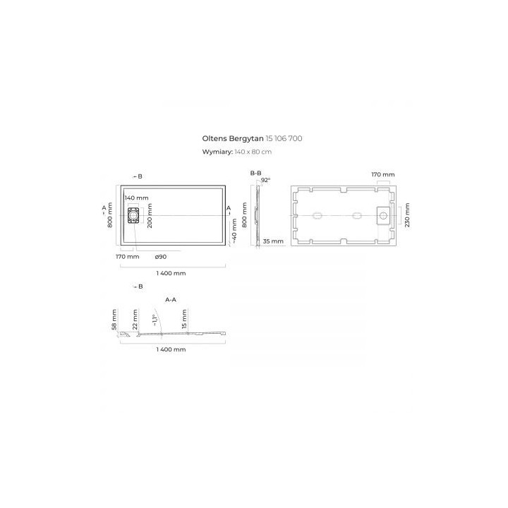 Oltens Bergytan brodzik prostokątny 140x80 cm RockSurface - szary beton
