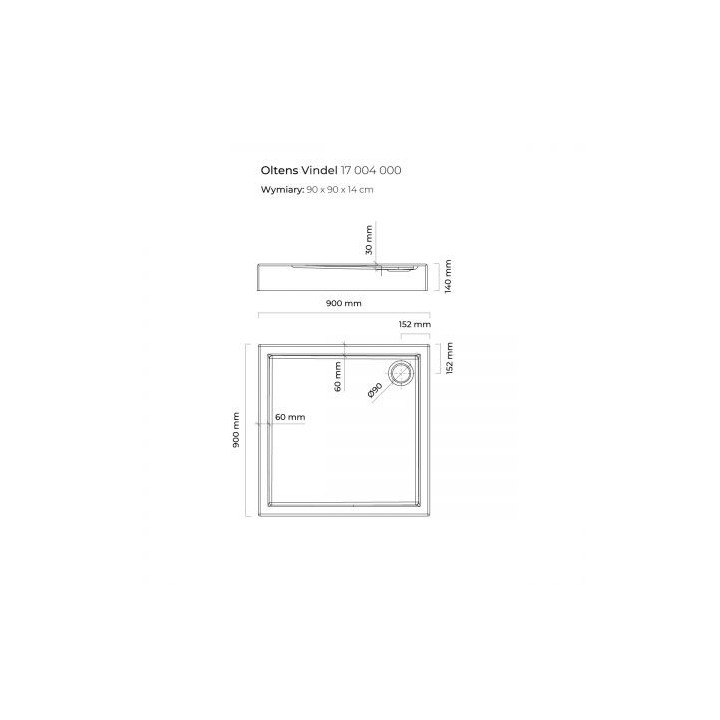 Oltens Vindel brodzik kwadratowy 90x90 cm akrylowy - biały