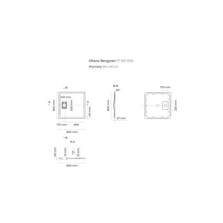 Oltens Bergytan brodzik kwadratowy 80x80 cm RockSurface - biały