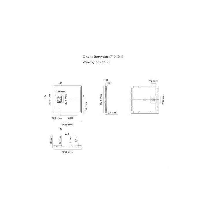 Oltens Bergytan brodzik kwadratowy 90x90 cm RockSurface - czarny