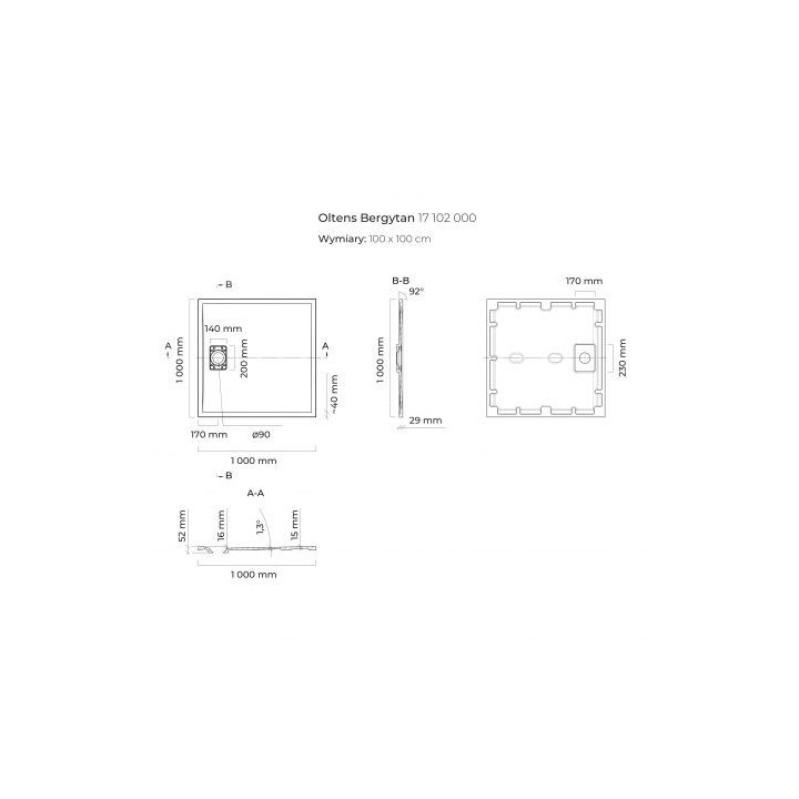 Oltens Bergytan brodzik kwadratowy 100x100 cm RockSurface - biały