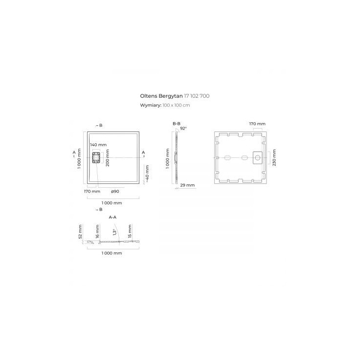Oltens Bergytan brodzik kwadratowy 100x100 cm RockSurface - szary