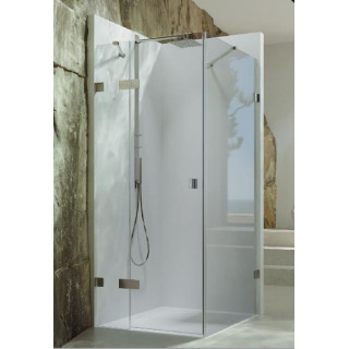 Drzwi skrzydłowe Huppe SolvaPro bezramowa, ze stałym segmentem i ścianką boczną, mocowanie prawe, szkło przejrzyste AntiPlaque, 