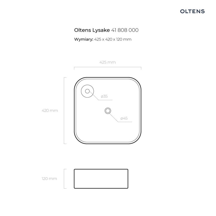 Oltens Lysake umywalka 42,5 cm nablatowa kwadratowa z powłoką SmartClean - biała