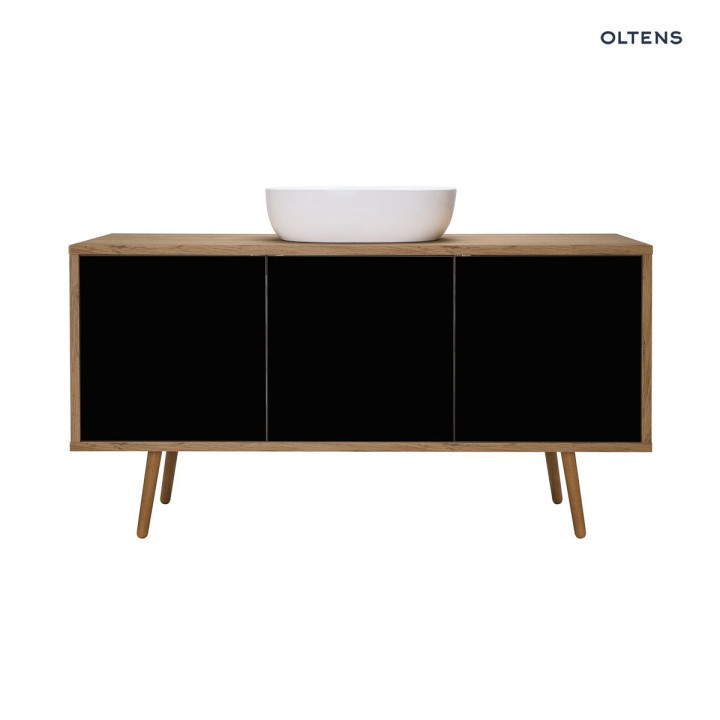 Oltens Hedvig szafka 140 cm podumywalkowa wisząca czarny mat/dąb natural z półką