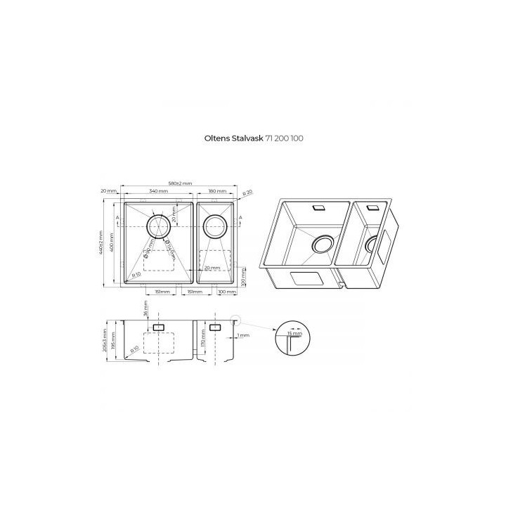 Oltens Stalvask zlew stalowy 1,5 komorowy 58x44 cm stal szlachetna polerowana 