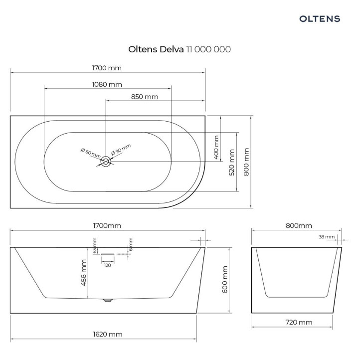 Oltens Delva wanna wolnostojąca narożna 170x80 cm lewa - biała