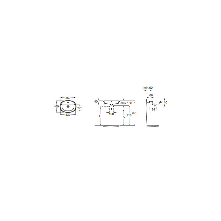 GAP Umywalka blatowa owalna 55x40 cm, z otworem na baterię, z przelewem, Supraglaze®