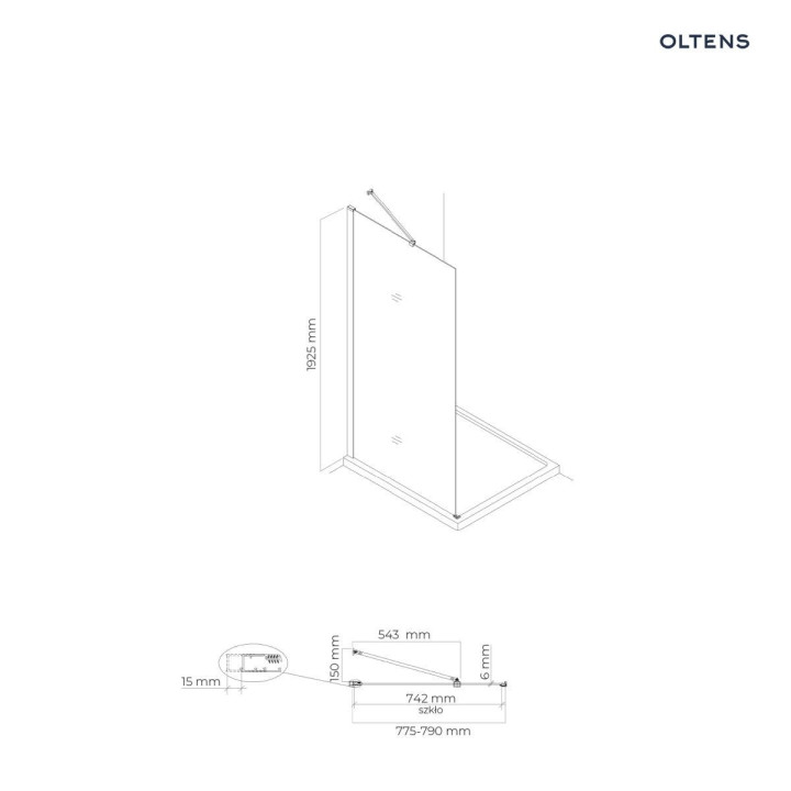 Oltens Hallan ścianka prysznicowa 80 cm boczna do drzwi szkło przezroczyste - czarny mat 