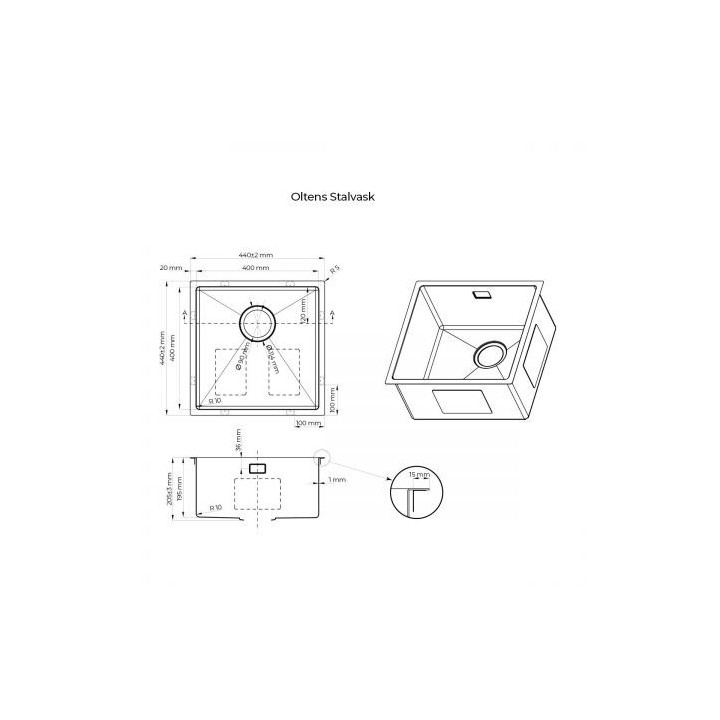 Oltens Stalvask zlew stalowy 1 komorowy 44x44 cm stal szlachetna - czarny