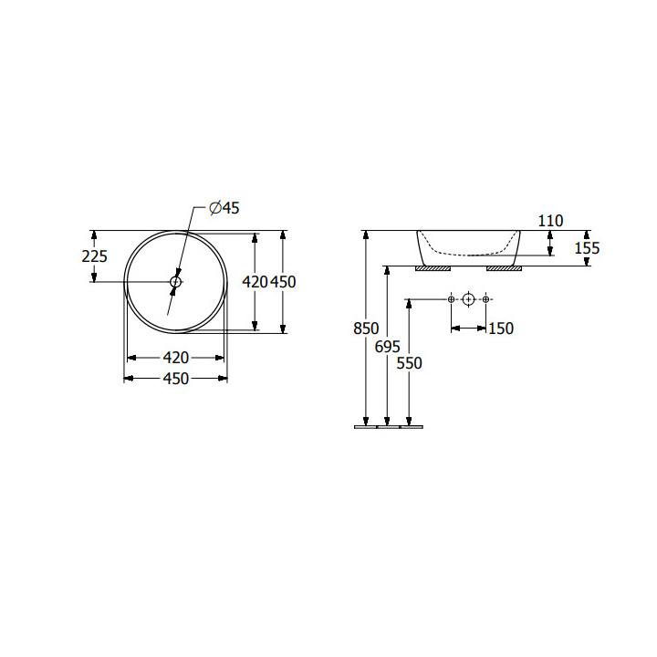 Architectura Umywalka stojąca na blacie, 450 x 450 x 155 mm, Weiss Alpin CeramicPlus, z przelewem