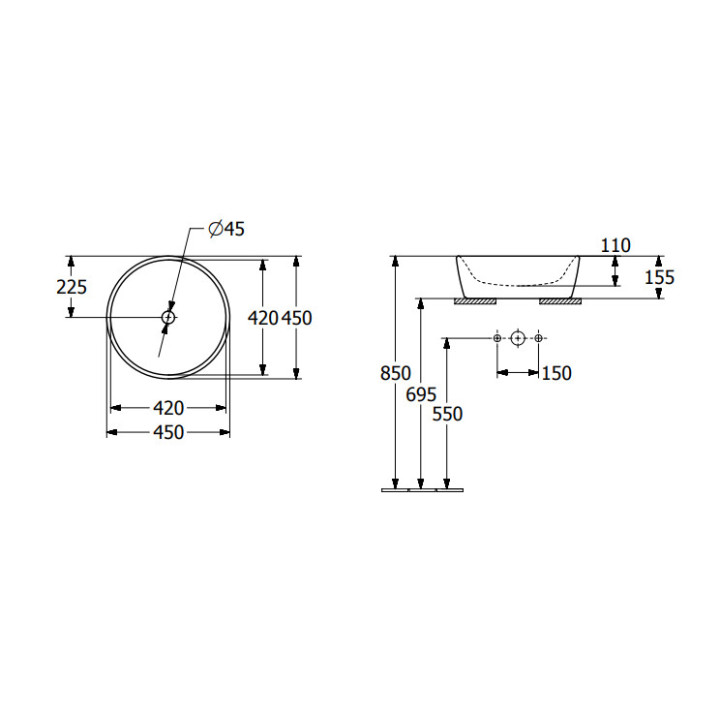 Architectura Umywalka stojąca na blacie, 450 x 450 x 155 mm, Weiss Alpin, bez przelewu