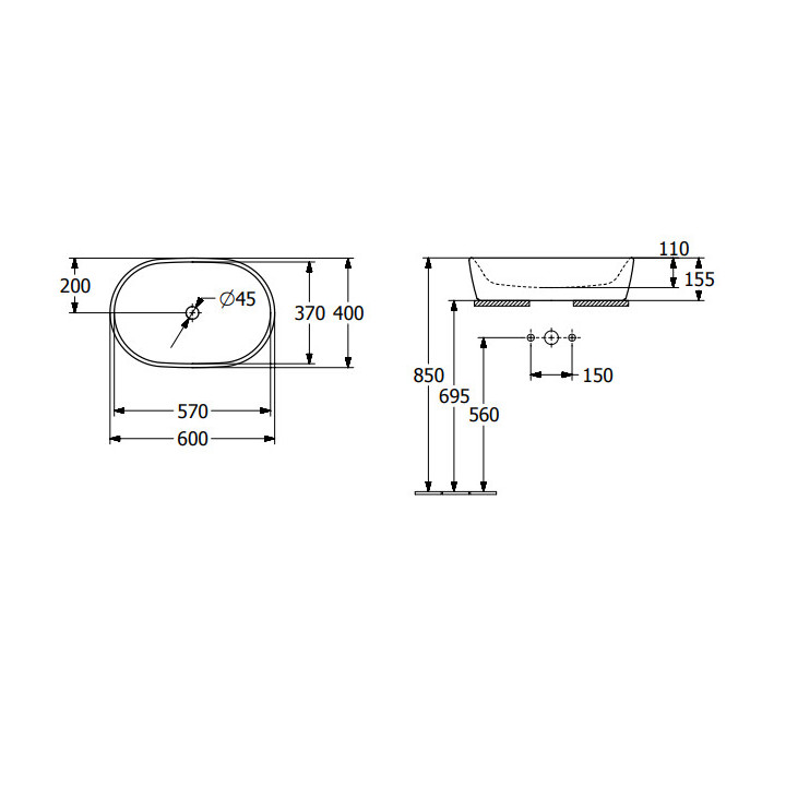 Architectura Umywalka stojąca na blacie, 600 x 400 x 155 mm, Weiss Alpin, bez przelewu