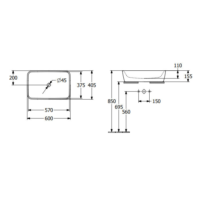 Architectura Umywalka stojąca na blacie, 600 x 405 x 155 mm, Weiss Alpin, bez przelewu