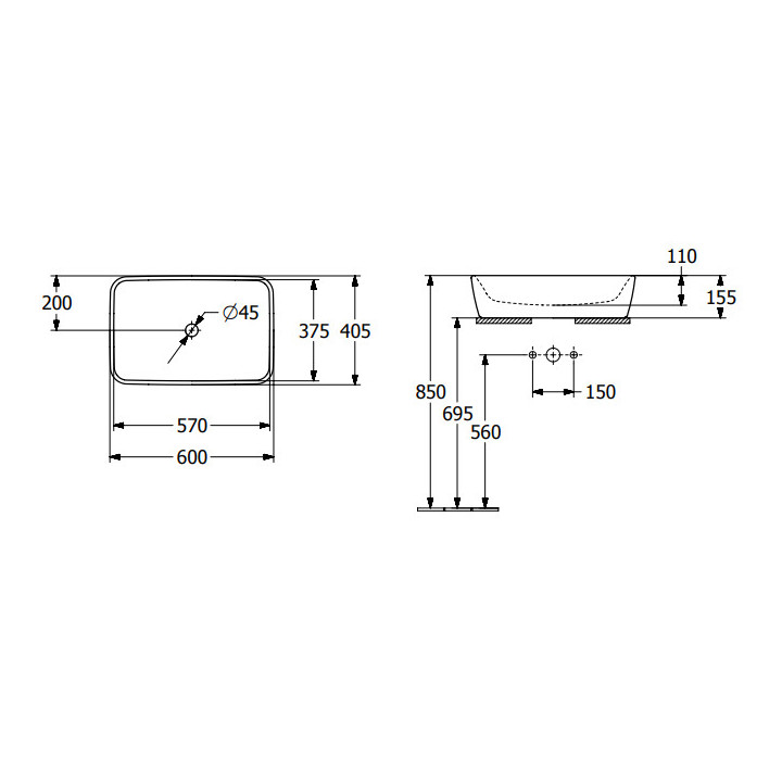 Architectura Umywalka stojąca na blacie, 600 x 405 x 155 mm, Weiss Alpin CeramicPlus, bez przelewu