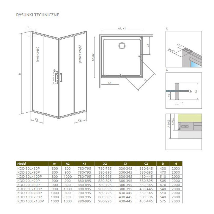 Część lewa kabiny Radaway Essenza Pro PDD, 1000x2000mm, szkło przejrzyste, profil chrom