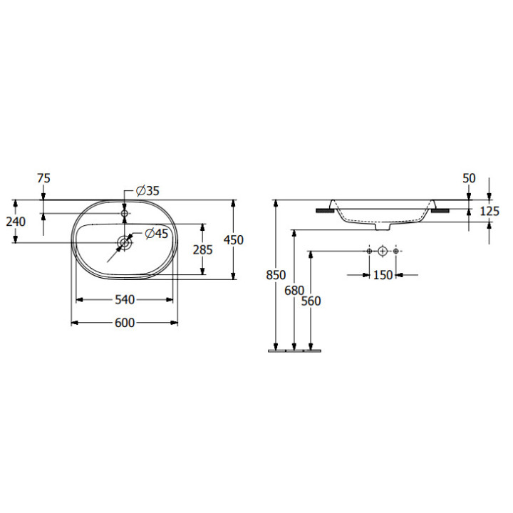 Architectura Umywalka wpuszczana w blat, 600 x 450 x 170 mm, Weiss Alpin CeramicPlus, bez przelewu, Nieszlifowany