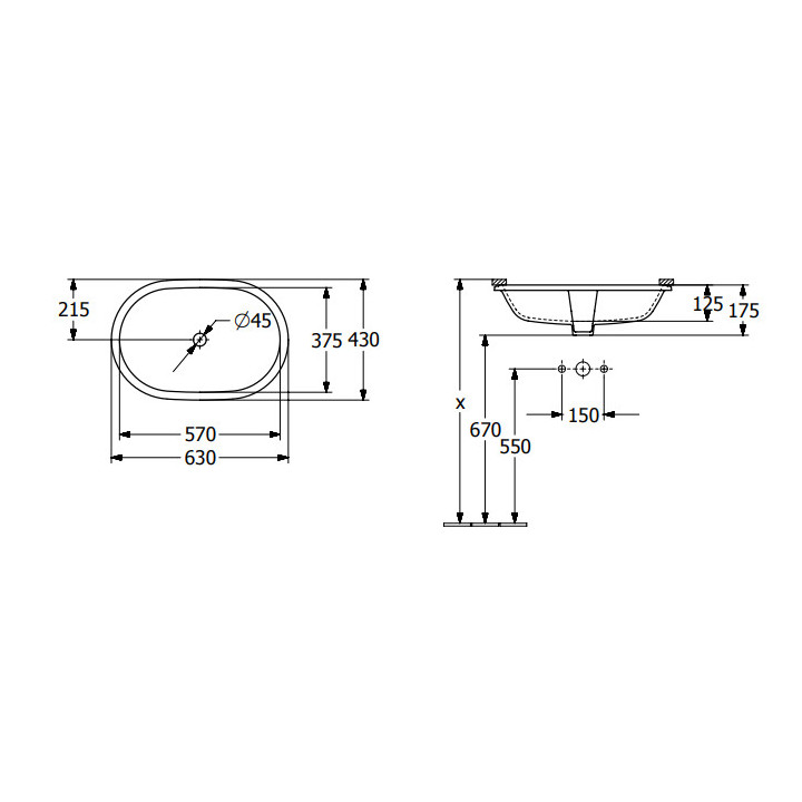 Architectura Umywalka podblatowa, 570 x 375 x 175 mm, Weiss Alpin, z przelewem