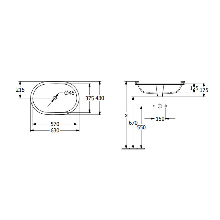 Architectura Umywalka podblatowa, 570 x 375 x 175 mm, Weiss Alpin, bez przelewu