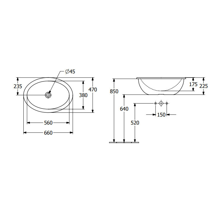 Loop & Friends Umywalka wpuszczana w blat, 660 x 470 x 220 mm, Weiss Alpin CeramicPlus, z przelewem, Nieszlifowany