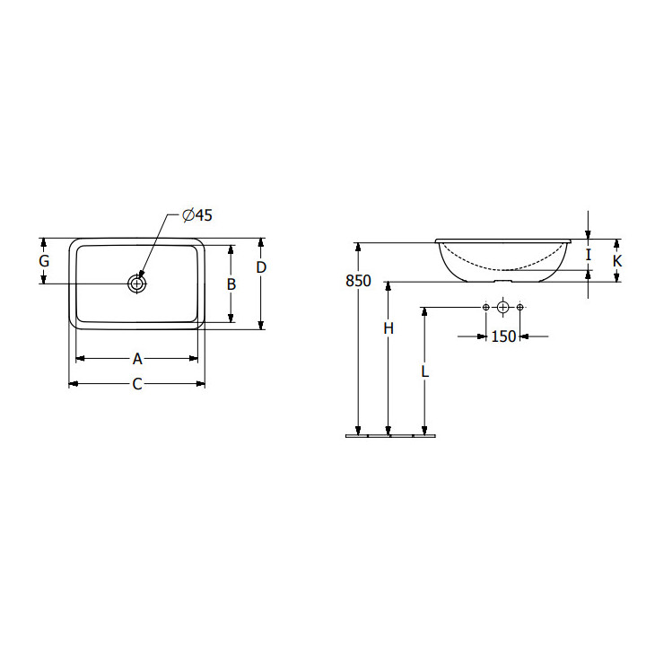 Loop & Friends Umywalka wpuszczana w blat, 600 x 405 x 185 mm, Weiss Alpin, bez przelewu, Nieszlifowany