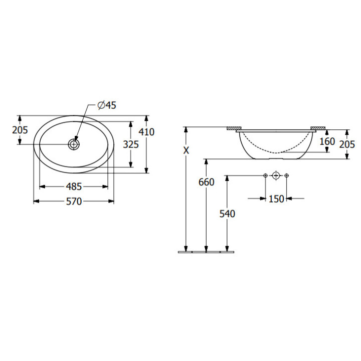 Loop & Friends Umywalka podblatowa, 485 x 325 x 215 mm, Ebony CeramicPlus, z przelewem